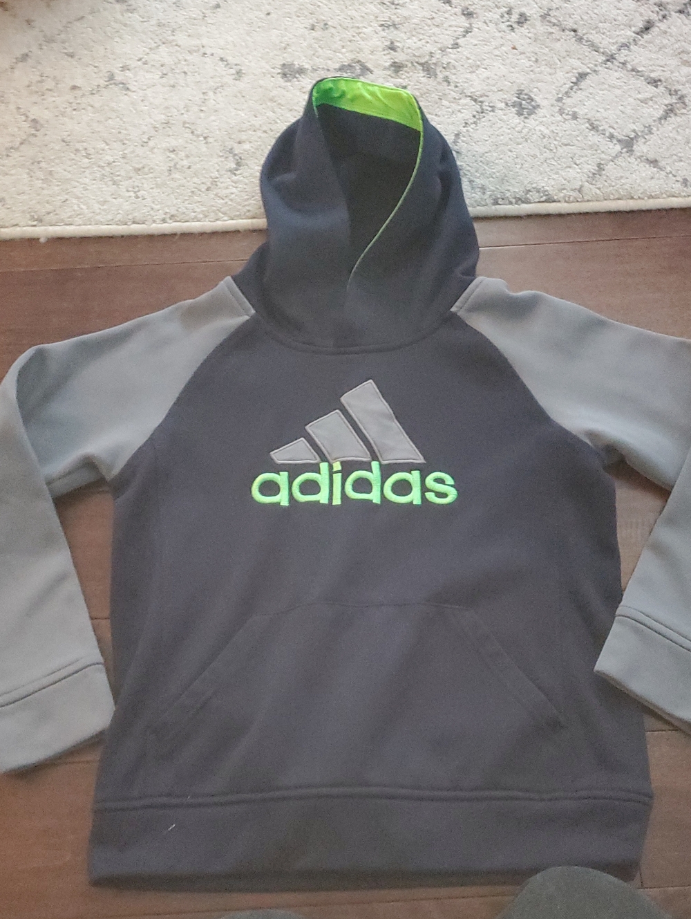 adidas Navy & Gray Hoodie with Neon Green Logo Size 10-12 Dri Fit